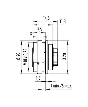 Scale drawing 09 0112 780 04 - M16 Female panel mount connector, Contacts: 4 (04-a), unshielded, crimping (Crimp contacts must be ordered separately), IP67, UL, front fastened