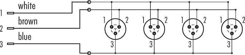 Schémas d’affectation des broches Snap-In Distributeur 4 voies, Contacts: 3, non blindé, enfichable, IP67
