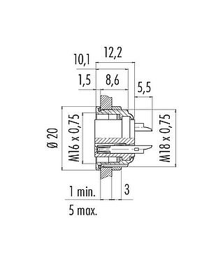 Dibujo a escala M16 Toma de brida, Número de contactos: 3 (03-a), sin blindaje, soldadura, IP67, UL 2238, M18x0,75, Montaje frontal
