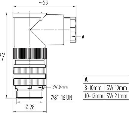 Scale drawing 7/8" Male angled connector, Contacts: 4+PE, 8.0-10.0 mm, unshielded, screw clamp, IP67, UL 2238, VDE