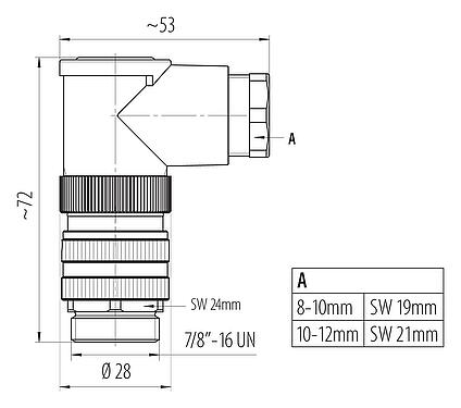 Scale drawing 7/8" Male angled connector, Contacts: 4+PE, 8.0-10.0 mm, unshielded, screw clamp, IP67, UL 2238, VDE
