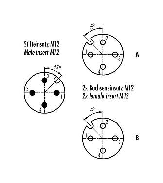 Disposition des contacts (Côté plug-in) M12 Répartiteur double, Y-distributeur, mâle - 2 femelle, Contacts: 4, non blindé, enfichable, IP68, UL 2238