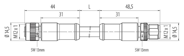 Scale drawing 77 0690 0689 50704-0500 - M12/M12 Connecting cable male cable connector - female cable connector, Contacts: 3+PE, unshielded, moulded on the cable, IP68, M12x1.0, PUR, black, 4 x 1.50 mm², 5 m