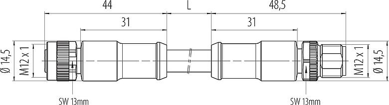 Dibujo a escala M12 Cable de conexión conector de cable macho - conector de cable hembra, Número de contactos: 3+PE, sin blindaje, moldeado en el cable, IP68, UL 2238, M12x1,0, PUR, negro, 4 x 1,50 mm², 5 m