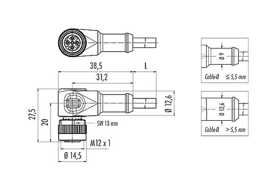 Dibujo a escala M12 Conector hembra en ángulo, Número de contactos: 4, sin blindaje, moldeado en el cable, IP68/IP69K, UL 2238, PUR, negro, 4 x 0,34 mm², 5 m