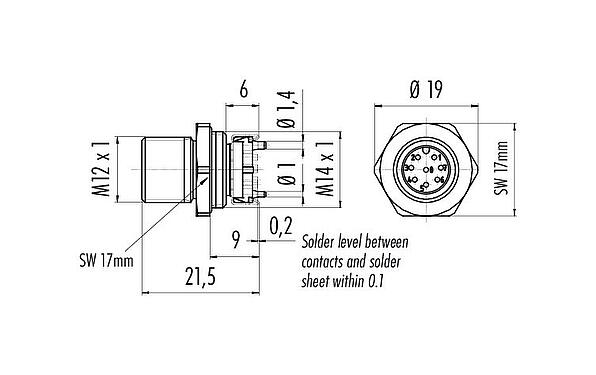 Dessin coté M12 Embase mâle, Contacts: 8, non blindé, SMT, IP67, M12x1,0, Montage frontal