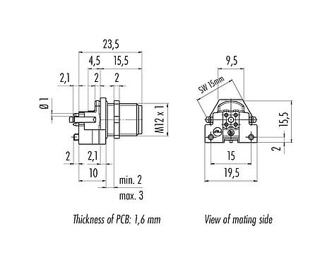 Dessin coté 99 4445 458 05 - M12 Embase mâle, Contacts: 5, blindable, THR, IP67, UL