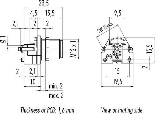 Dibujo a escala M12 Enchufe de brida, Número de contactos: 5, blindable, THR, IP67, UL 2238, M12x1,0, Montaje en pared