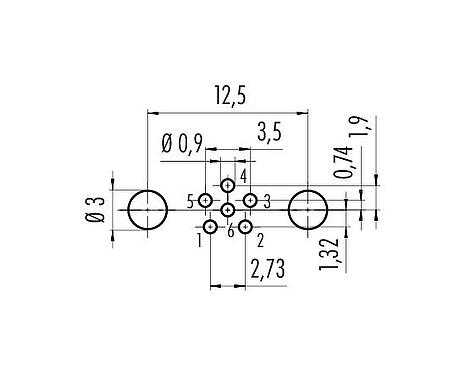 Conductor layout 86 6319 1120 00006 - M8 Male panel mount connector, Contacts: 6, shieldable, THT, IP67, UL 2238, M8x1.0, rear mounting