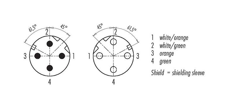 Disposition des contacts (Côté plug-in) M12 Câble de raccordement connecteur mâle - connecteur femelle, Contacts: 4, blindé, surmoulé sur le câble, IP67, Ethernet CAT5e, TPE, noir, 2 x 2 x AWG 24, 0,3 m