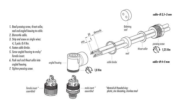 Assembly instructions M12 Male angled connector, Contacts: 4, 2.1-3.0 mm (2 cable) or 4-5 mm (2 cable), unshielded, screw clamp, IP67, UL 2238