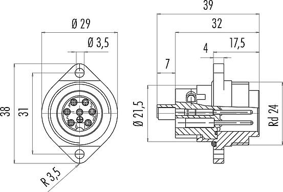 Scale drawing RD24 Male panel mount connector, Contacts: 6+PE, unshielded, screw clamp, IP67, UL, ESTI+, VDE, Front mounting