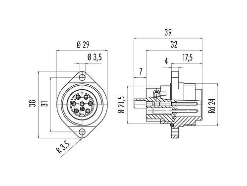 Scale drawing 09 0219 00 07 - RD24 Male panel mount connector, Contacts: 6+PE, unshielded, screw clamp, IP67