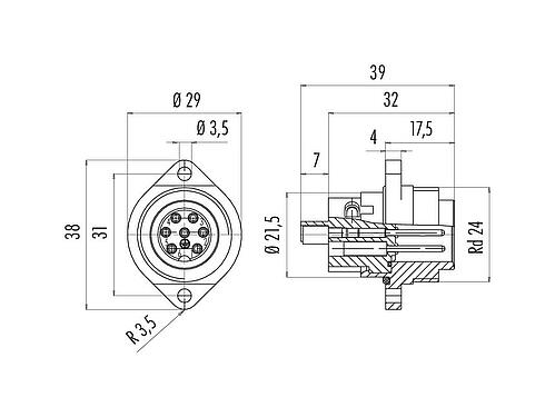 Scale drawing RD24 Male panel mount connector, Contacts: 6+PE, unshielded, screw clamp, IP67, UL, ESTI+, VDE, Front mounting
