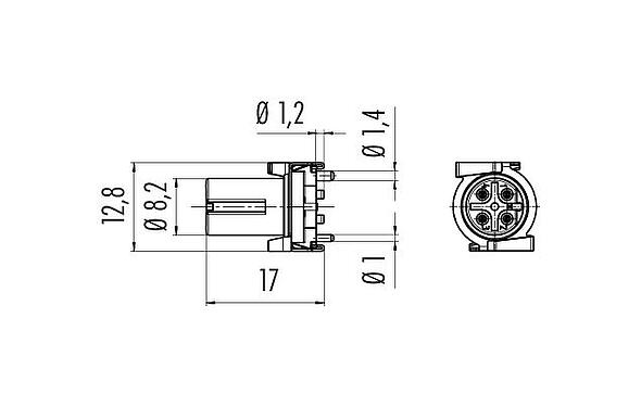 Scale drawing M12 Female receptacle, Contacts: 4, shieldable, SMT, IP67