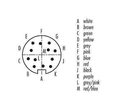 Disposition des contacts (Côté plug-in) 79 6329 200 12 - M16 Connecteur mâle coudé, Contacts: 12 (12-a), blindé, surmoulé sur le câble, IP67, TPE-U (PUR), noir, 12 x 0,25 mm², 2 m