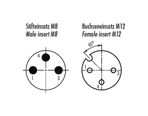 Disposition des contacts (Côté plug-in) M12/M8 Adaptateur, Contacts: 3, non blindé, enfichable, IP67