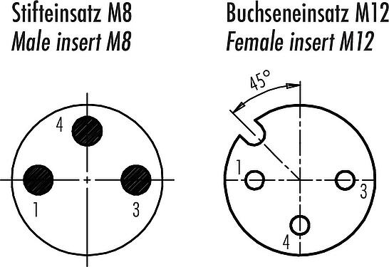 Disposition des contacts (Côté plug-in) M12/M8 Adaptateur, Contacts: 3, non blindé, enfichable, IP67
