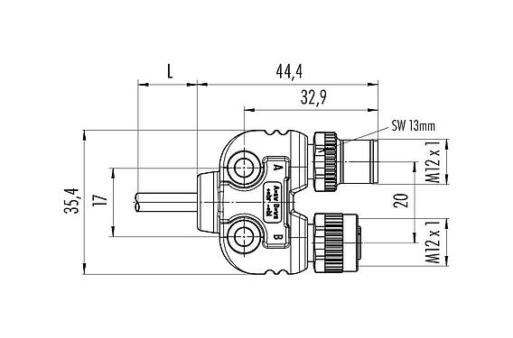 Scale drawing 79 5238 20 04 - M12/M12 Twin distributor, Y-distributor, Contacts: 4, unshielded, moulded on the cable, IP68, UL, PUR, black, 4 x 0.25 mm², 2 m