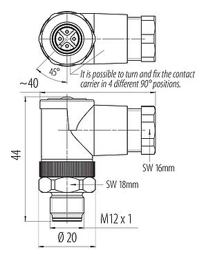 Scale drawing M12 Male angled connector, Contacts: 4, 6.0-8.0 mm, unshielded, screw clamp, IP67, UL 2238