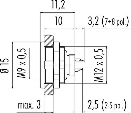 Scale drawing M9 Female panel mount connector, Contacts: 4, unshielded, solder, IP67, M12x0.5, Front mounting