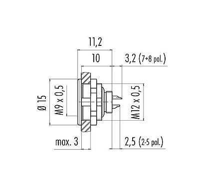 Scale drawing 09 0404 00 02 - M9 Female panel mount connector, Contacts: 2, unshielded, solder, IP67