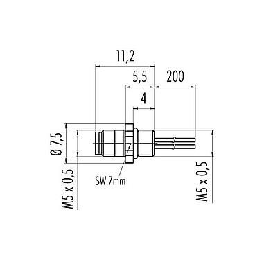 Scale drawing 09 3111 00 04 - M5 Male panel mount connector, Contacts: 4, unshielded, single wires, IP67