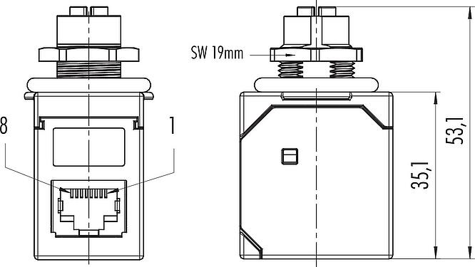 Scale drawing M12 Lead-through for control cabinet, female connector – RJ45 angled, Contacts: 8, shielded, pluggable, IP67, UL, Rear mounting