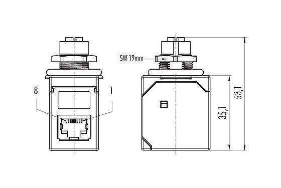 Scale drawing M12 Lead-through for control cabinet, female connector – RJ45 angled, Contacts: 8, shielded, pluggable, IP67, UL, Rear mounting
