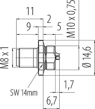 Scale drawing M8 Male panel mount connector, Contacts: 3, solder, IP67/IP69K, M10x0.75, Front mounting, with solder cups