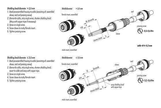 Assembly instructions M8 Female cable connector, Contacts: 4, 4.0-5.5 mm, shieldable, screw clamp, IP67, UL 2238, iris spring