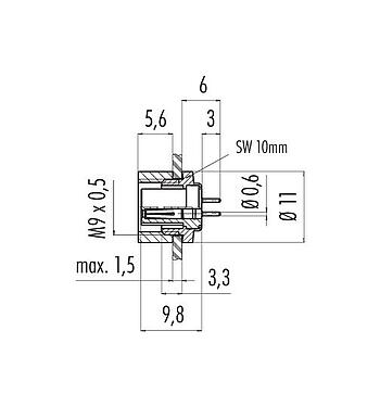 Scale drawing 09 0074 20 02 - M9 Female panel mount connector, Contacts: 2, unshielded, THT, IP40