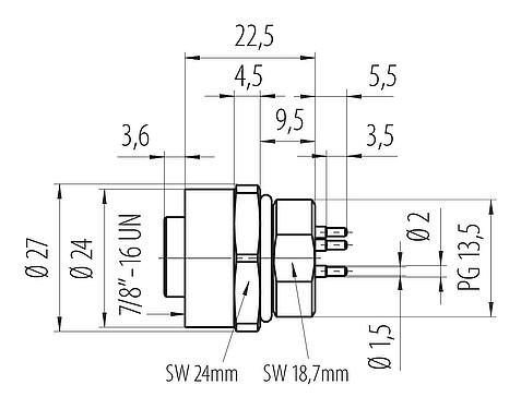 Dibujo a escala 7/8" Toma de brida, Número de contactos: 4+PE, sin blindaje, THT, IP68, UL 2238, VDE, Montaje frontal, moldeado