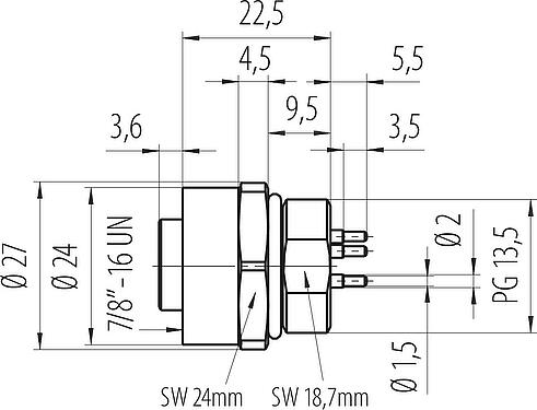 Dibujo a escala 7/8" Toma de brida, Número de contactos: 2+PE, sin blindaje, THT, IP68, UL 2238, VDE, Montaje frontal, moldeado