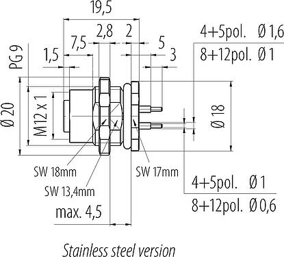 Scale drawing M12 Female panel mount connector, Contacts: 5, unshielded, THT, IP68, UL 2238, PG 9, Rear mounting, stainless steel, potted