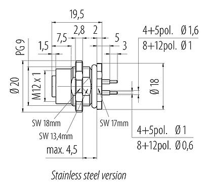 Scale drawing M12 Female panel mount connector, Contacts: 5, unshielded, THT, IP68, UL 2238, PG 9, Rear mounting, stainless steel, potted