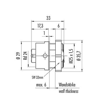 Scale drawing RD24 Female panel mount connector, Contacts: 3+PE, unshielded, screw clamp, IP67, UL, ESTI+, VDE, Front mounting