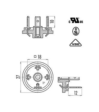 Dessin coté Embase mâle pour appareils, Contacts: 3+PE, non blindé, souder, IP40 sans joint, UL, ESTI+, VDE