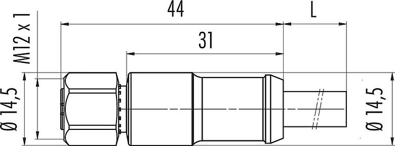 Dibujo a escala M12 Conector de cable hembra, Número de contactos: 2+7, moldeado en el cable, IP67, PUR, negro, Power: 2 x 0,75 (AWG 18), Señal: 7 x 0,14 (AWG 26), 1,85 m