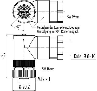 Dessin coté 99 0430 58 04 - M12 Connecteur femelle coudé, Contacts: 4, 8,0-10,0 mm, non blindé, pince à visser, IP67, UL, VDE, pour l'alimentation électrique