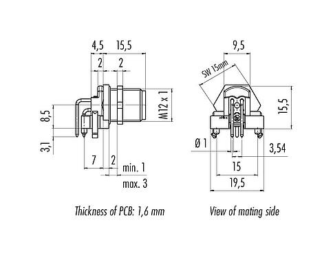 Dibujo a escala 99 3431 601 04 - M12 Enchufe de ángulo brida, Número de contactos: 4, blindable, THR, IP68, UL 2238, Montaje en pared, para montaje de PCB