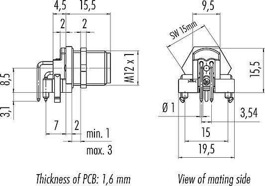 Scale drawing M12 Male angled panel mount connector, Contacts: 4, shieldable, THR, IP68, UL 2238, Rear mounting, for PCB assembly