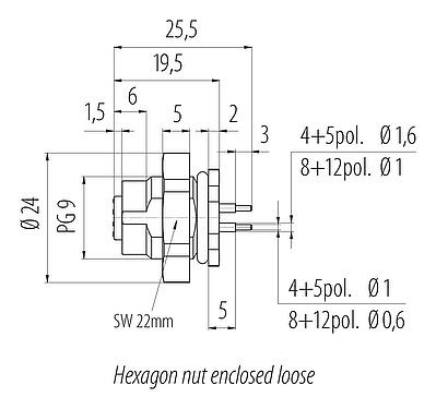 Scale drawing 86 4832 3100 00012 - M12 Female panel mount connector, Contacts: 12, unshielded, THT, IP68, PG 9, Front mounting