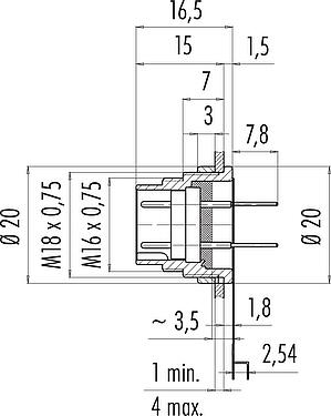 Scale drawing M16 Male panel mount connector, Contacts: 12 (12-a), unshielded, THT, IP40, M18x0,75, Rear mounting