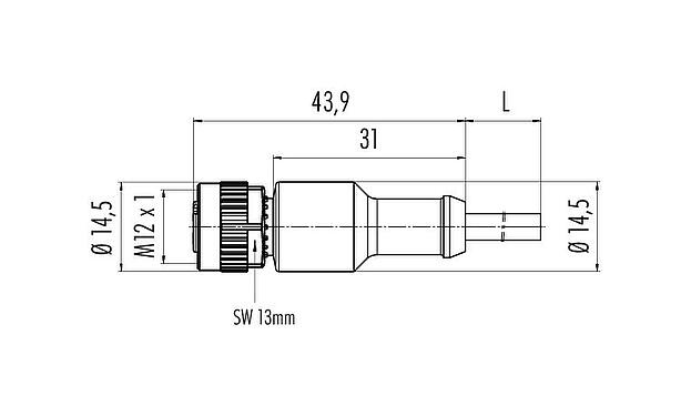 Dibujo a escala M12 Conector de cable hembra, Número de contactos: 5, sin blindaje, moldeado en el cable, IP68/IP69K, PUR, negro, 5 x 0,34 mm², para aplicaciones de soldadura, 2 m