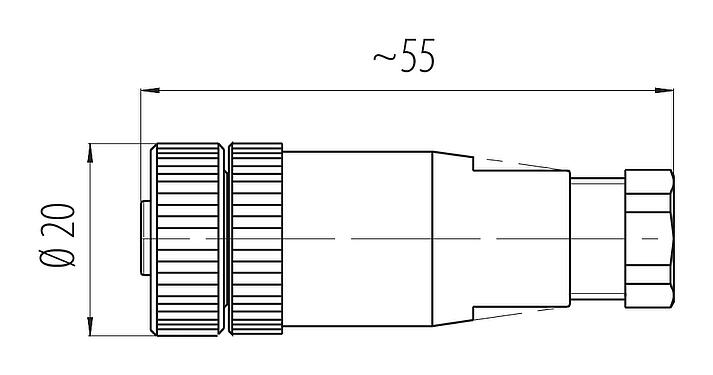 Dibujo a escala M12 Conector de cable hembra, Número de contactos: 2+PE, 6,0-8,0 mm, sin blindaje, tornillo extraíble, IP67, UL