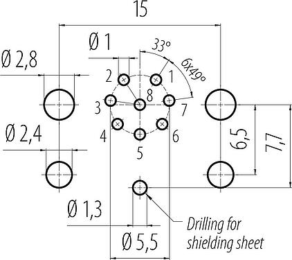 Disposición del conductor M12 Enchufe de brida, Número de contactos: 8, blindable, THR, IP68, UL 2238, M12x1,0, Montaje en pared, para montaje de PCB
