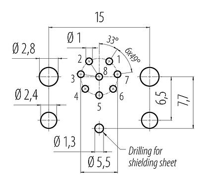 Conductor layout 99 3481 458 08 - M12 Male panel mount connector, Contacts: 8, shieldable, THR, IP68, UL 2238, for PCB assembly