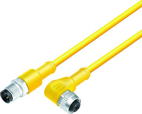 Illustration 77 3434 3429 23004-0300 - M12/M12 Male cable connector - female angled connector, Contacts: 4, unshielded, moulded on the cable, IP69K, Standard, PVC, yellow, 4 x AWG 22, 3 m