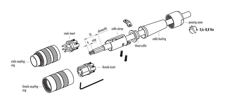 Instrucción de montaje M16 Conector de cable hembra, Número de contactos: 4 (04-a), 6,0-8,0 mm, blindable, tornillo extraíble, IP40